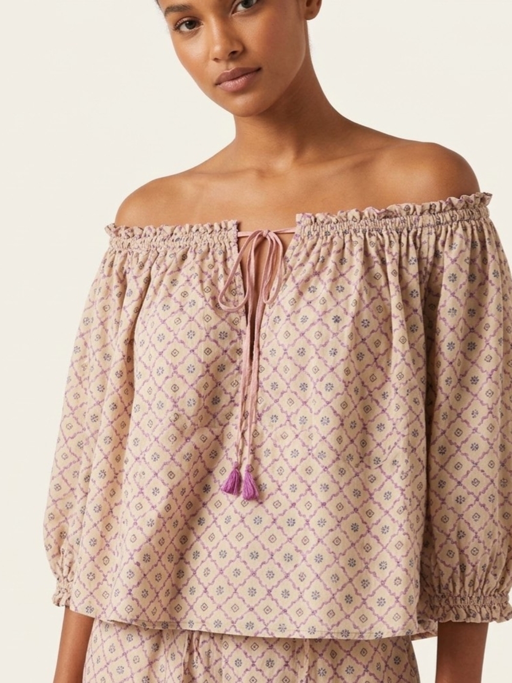 Free People Beige and Lavender Printed Off-Shoulder Blouse